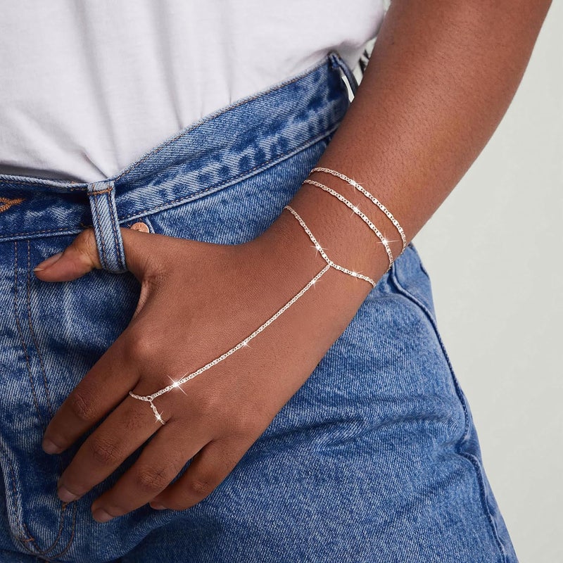 Moodear سوار حلقة رقيقة من الفضة الإسترلينية مع سلسلة يد للنساء - مطلي بالذهب عيار 14K / فضة إسترلينية بطبقات مع خرز ساتلي قابل للتعديل ورابط ورقة نقطي من CZ سلاسل يد سوار غير متأكسد مجوهرات عصرية هدية - Image 3